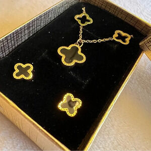 Necklace Earrings Set 18K Women Gold Plated Four Clover Leaf Pearl Gift Birthday